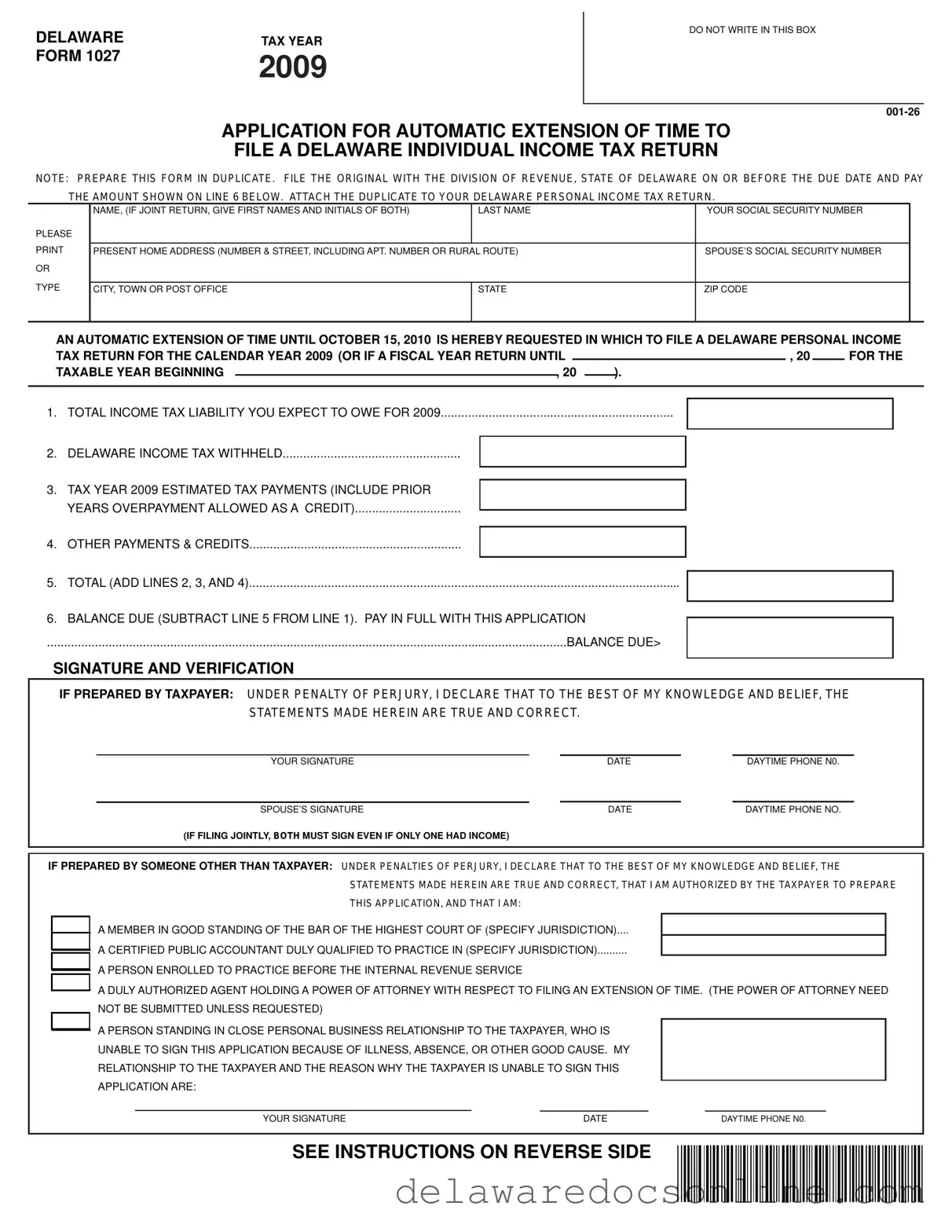 Fill Out Your Delaware 1027 Form