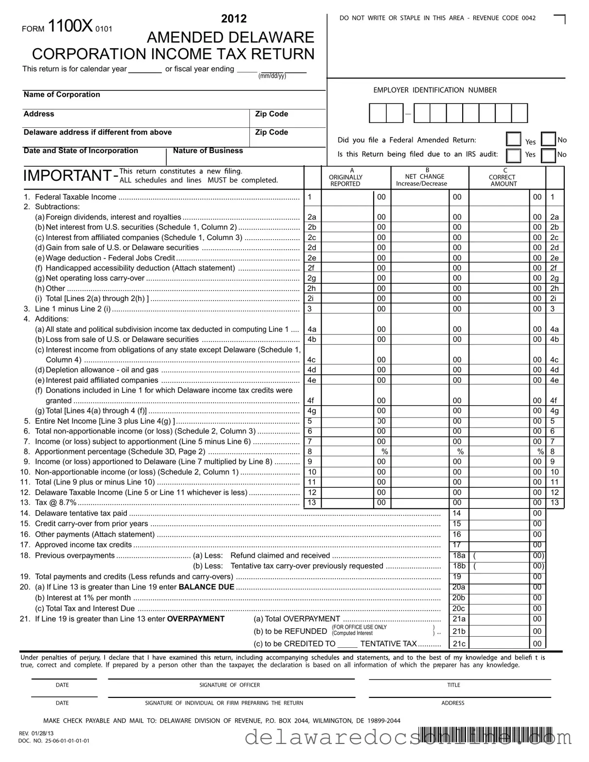 Fill Out Your Delaware 1100X Form