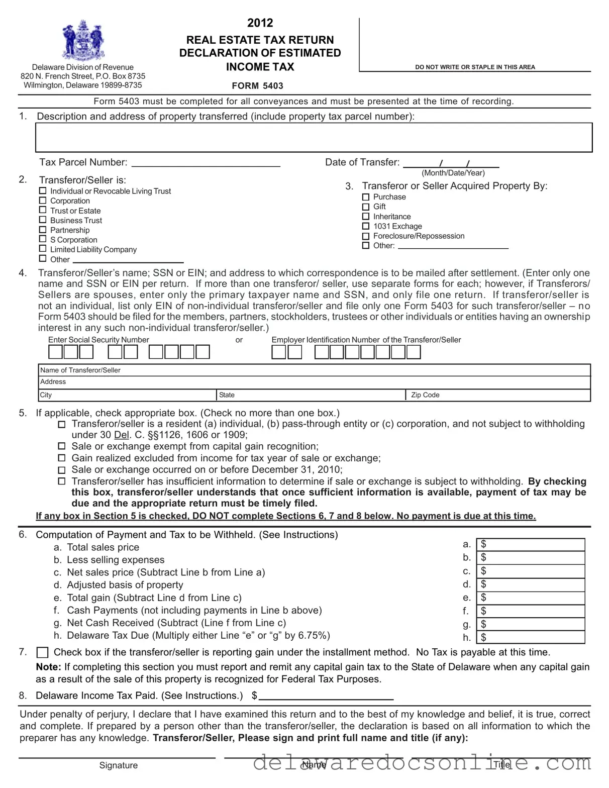 Fill Out Your Delaware 5403 Form