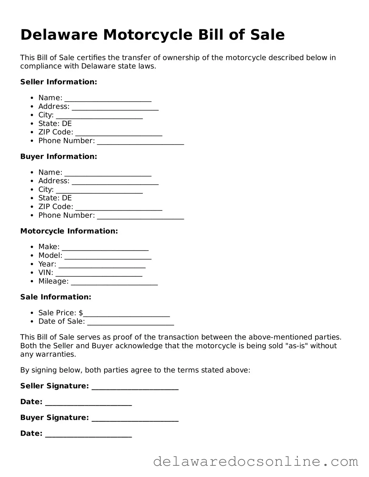 Attorney-Verified  Motorcycle Bill of Sale Document for Delaware