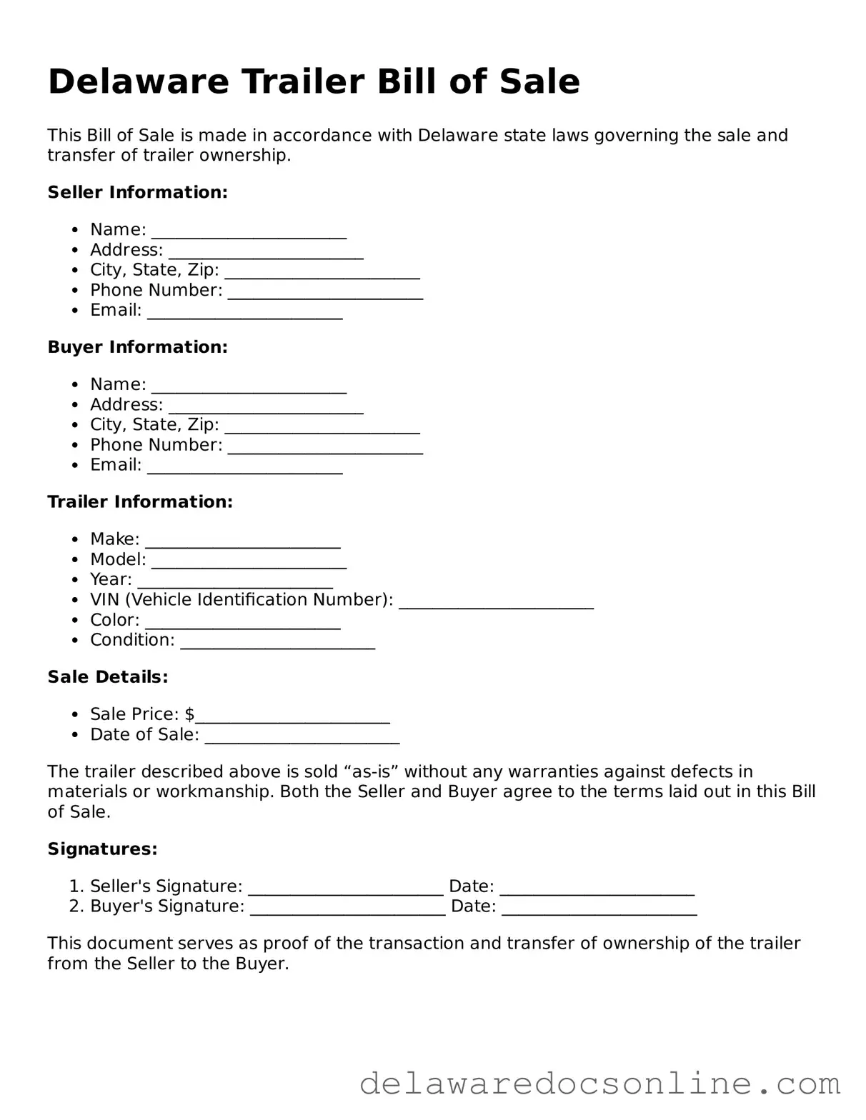 Attorney-Verified  Trailer Bill of Sale Document for Delaware