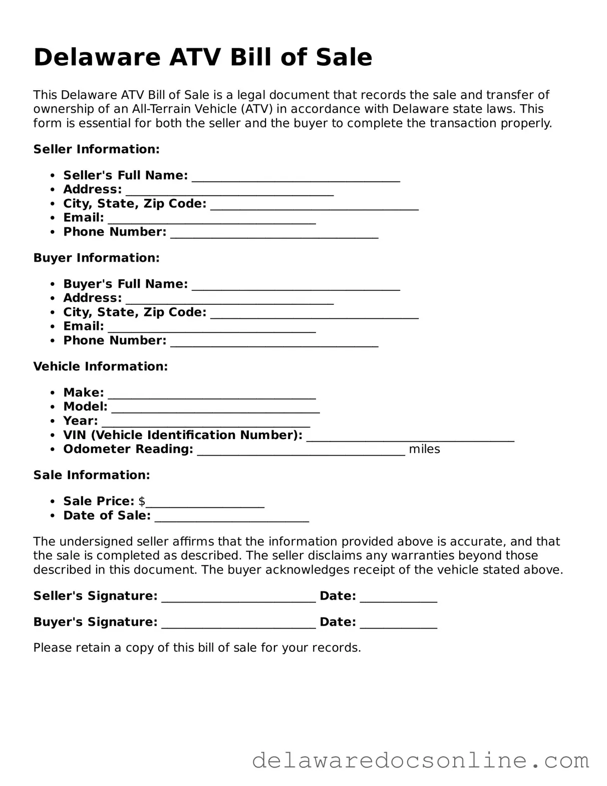 Attorney-Verified  ATV Bill of Sale Document for Delaware