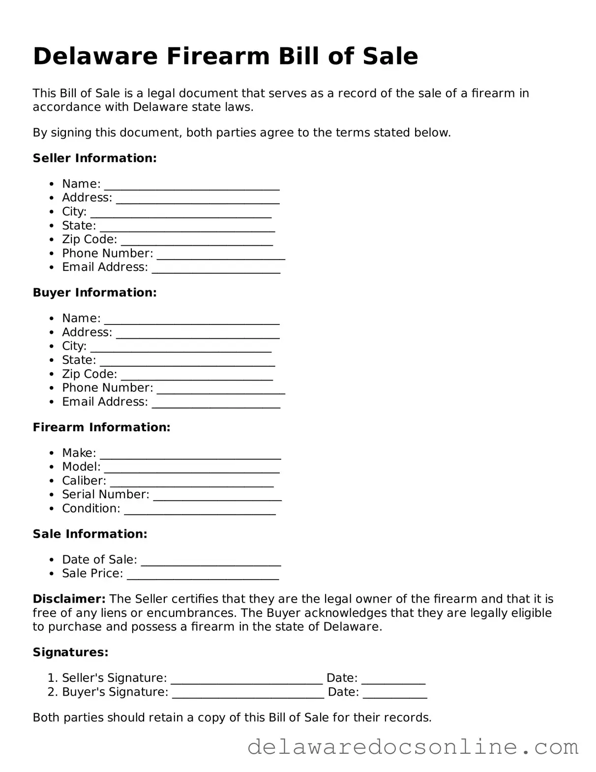 Attorney-Verified  Firearm Bill of Sale Document for Delaware