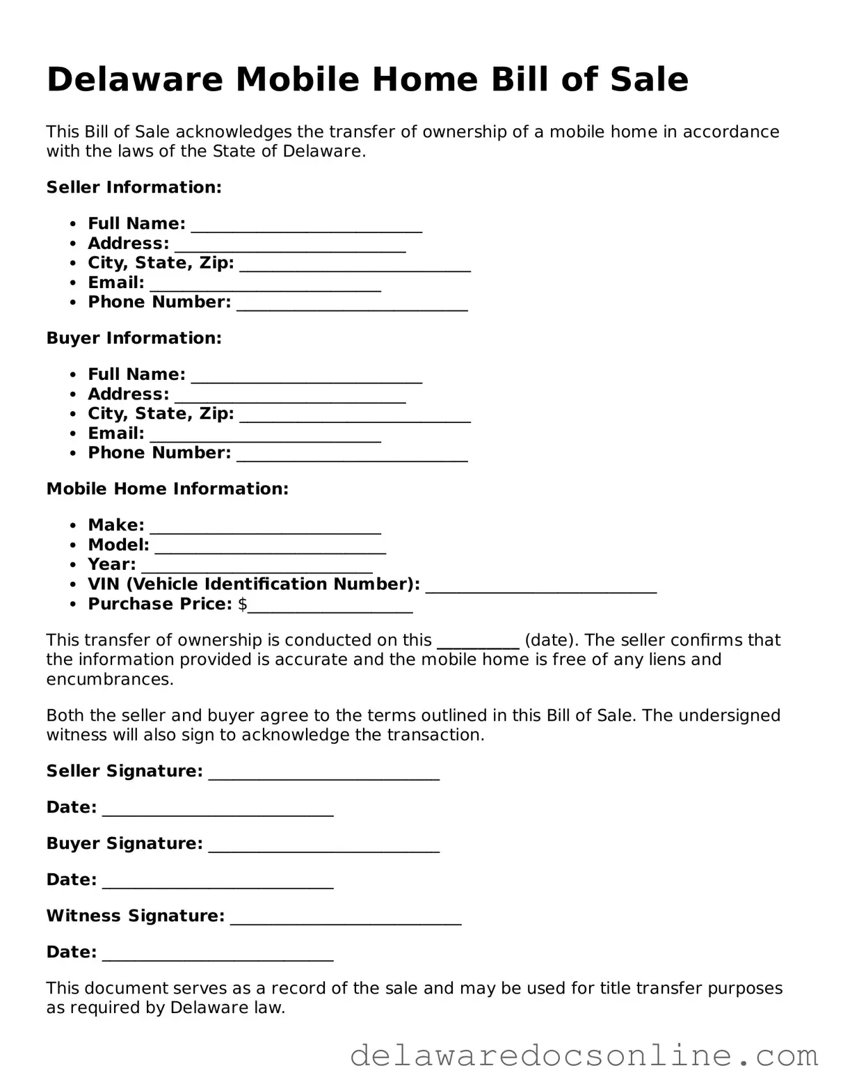 Attorney-Verified  Mobile Home Bill of Sale Document for Delaware