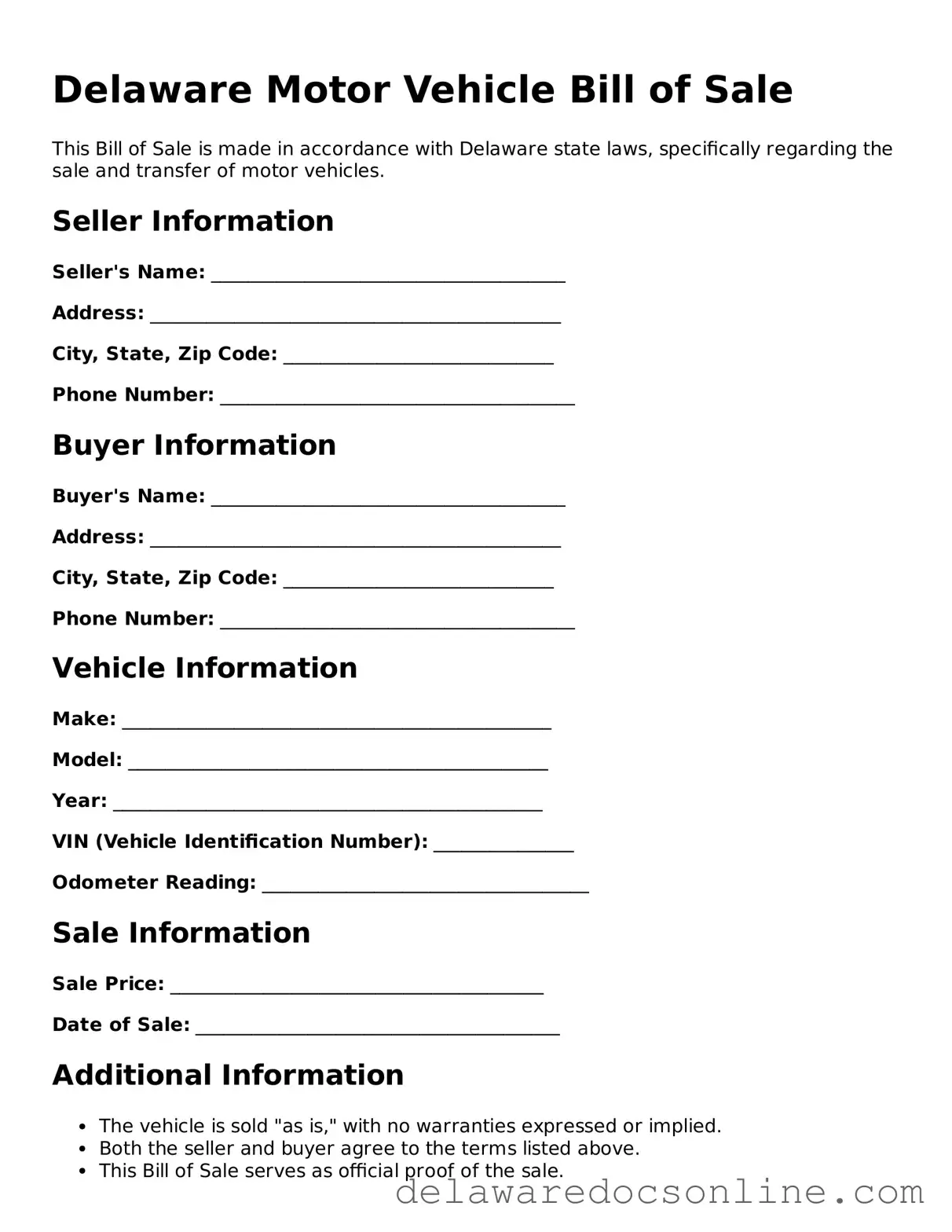 Attorney-Verified  Motor Vehicle Bill of Sale Document for Delaware
