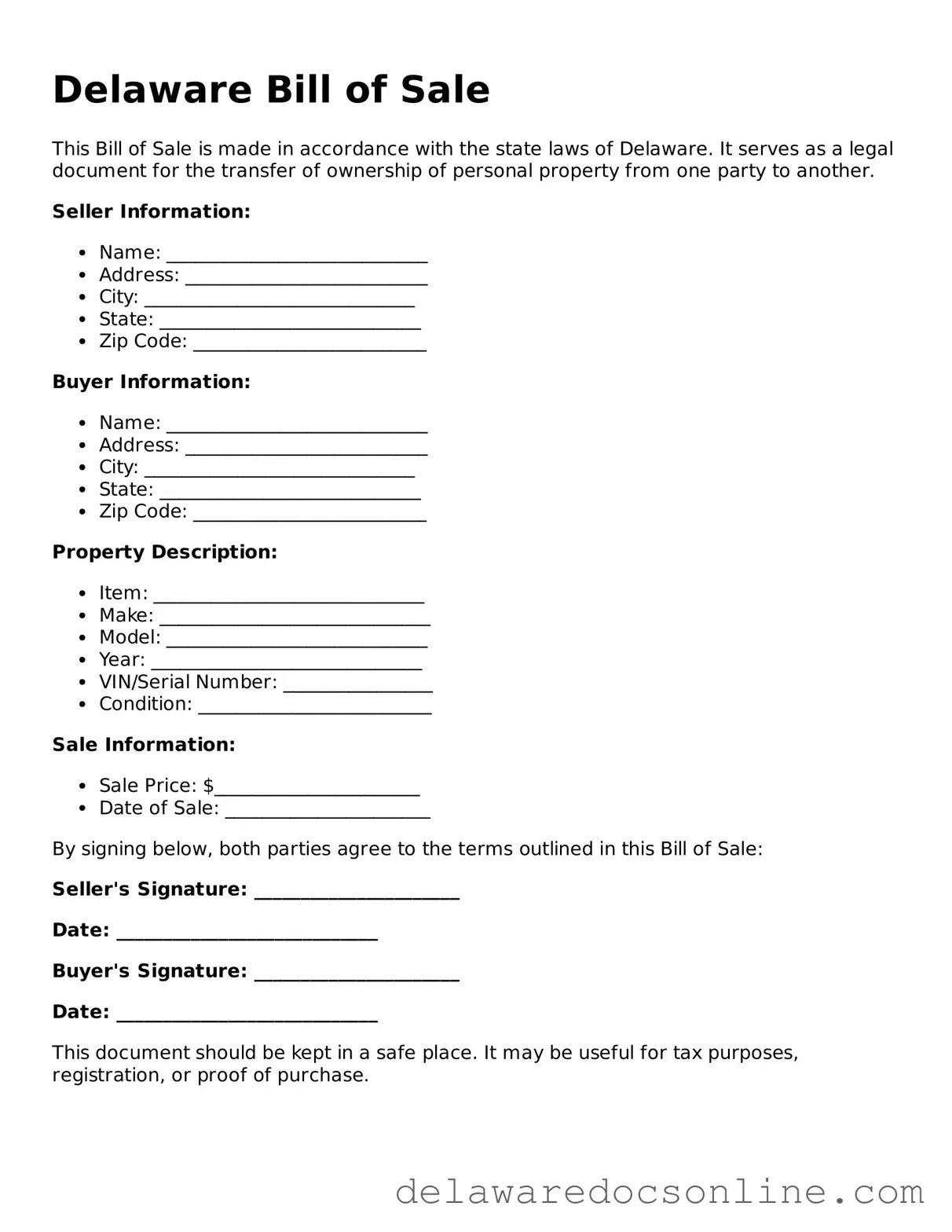 Attorney-Verified  Bill of Sale Document for Delaware