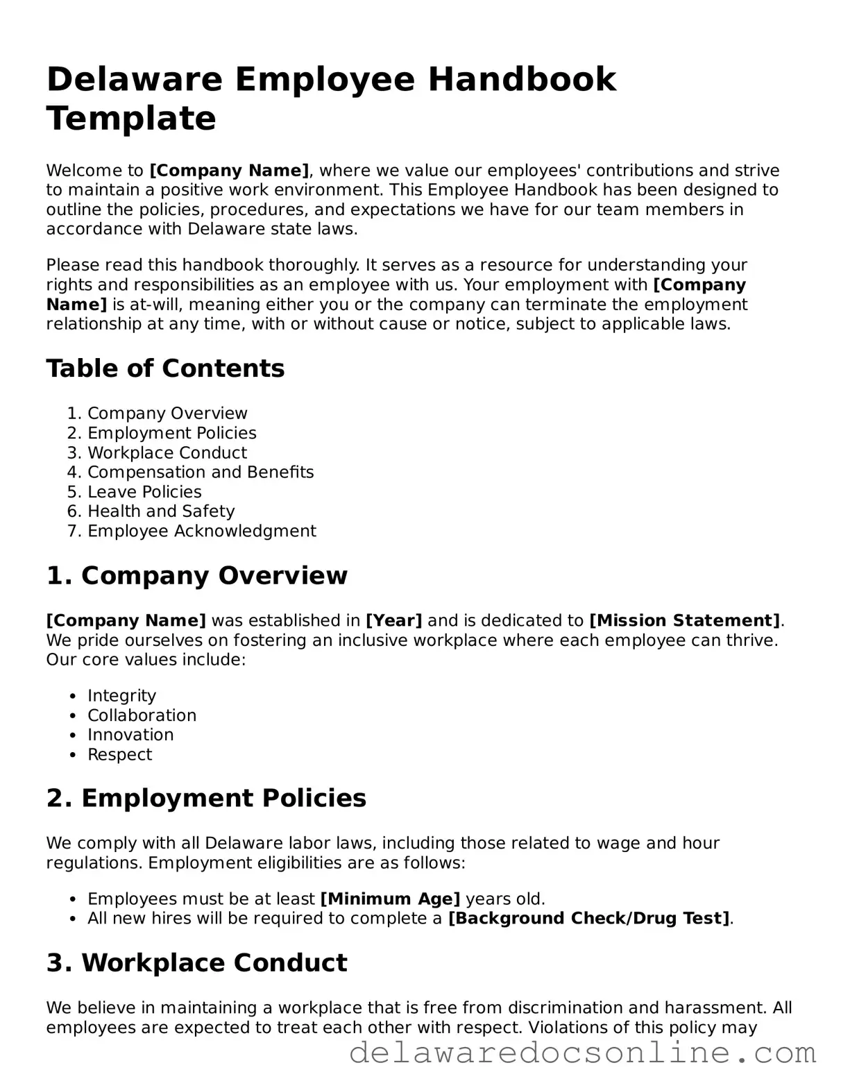 Attorney-Verified  Employee Handbook Document for Delaware