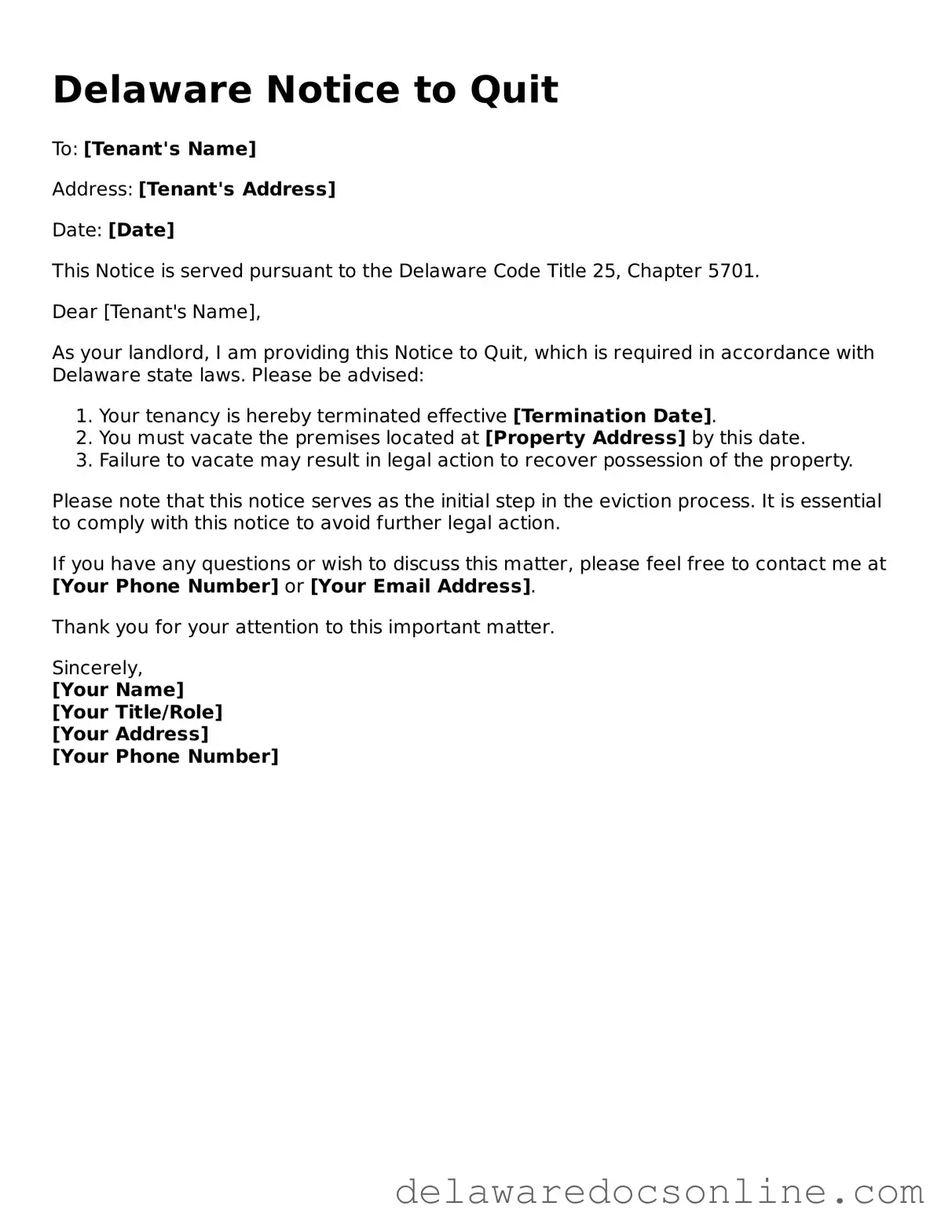 Attorney-Verified Notice to Quit Document for Delaware