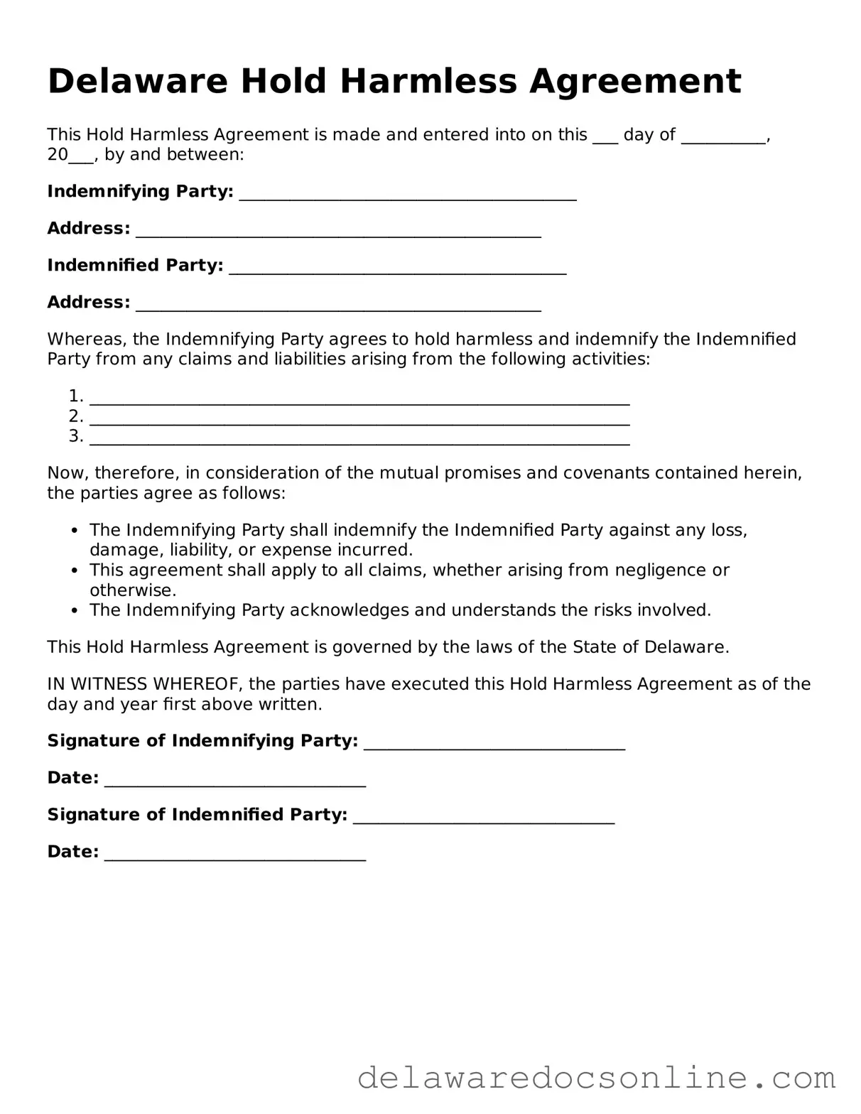 Attorney-Verified  Hold Harmless Agreement Document for Delaware