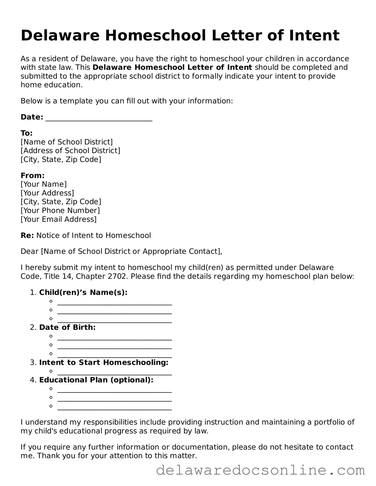 Attorney-Verified  Homeschool Letter of Intent Document for Delaware