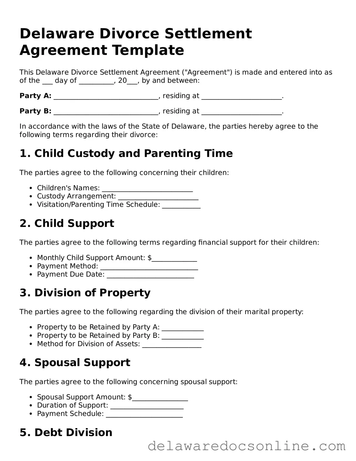 Attorney-Verified  Divorce Settlement Agreement Document for Delaware