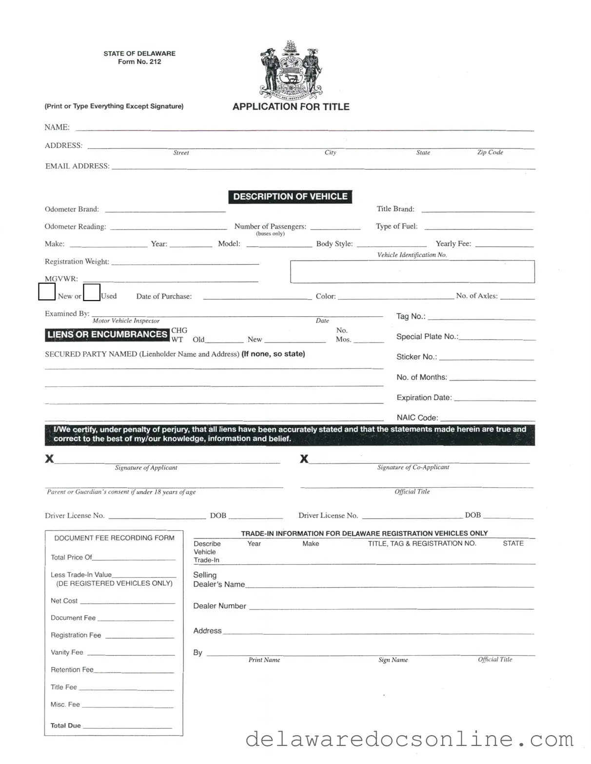 Fill Out Your Delaware No 212 Form