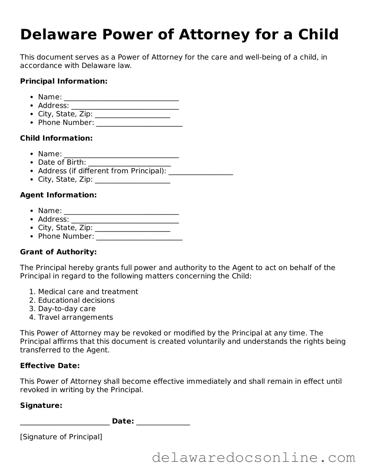 Attorney-Verified  Power of Attorney for a Child Document for Delaware