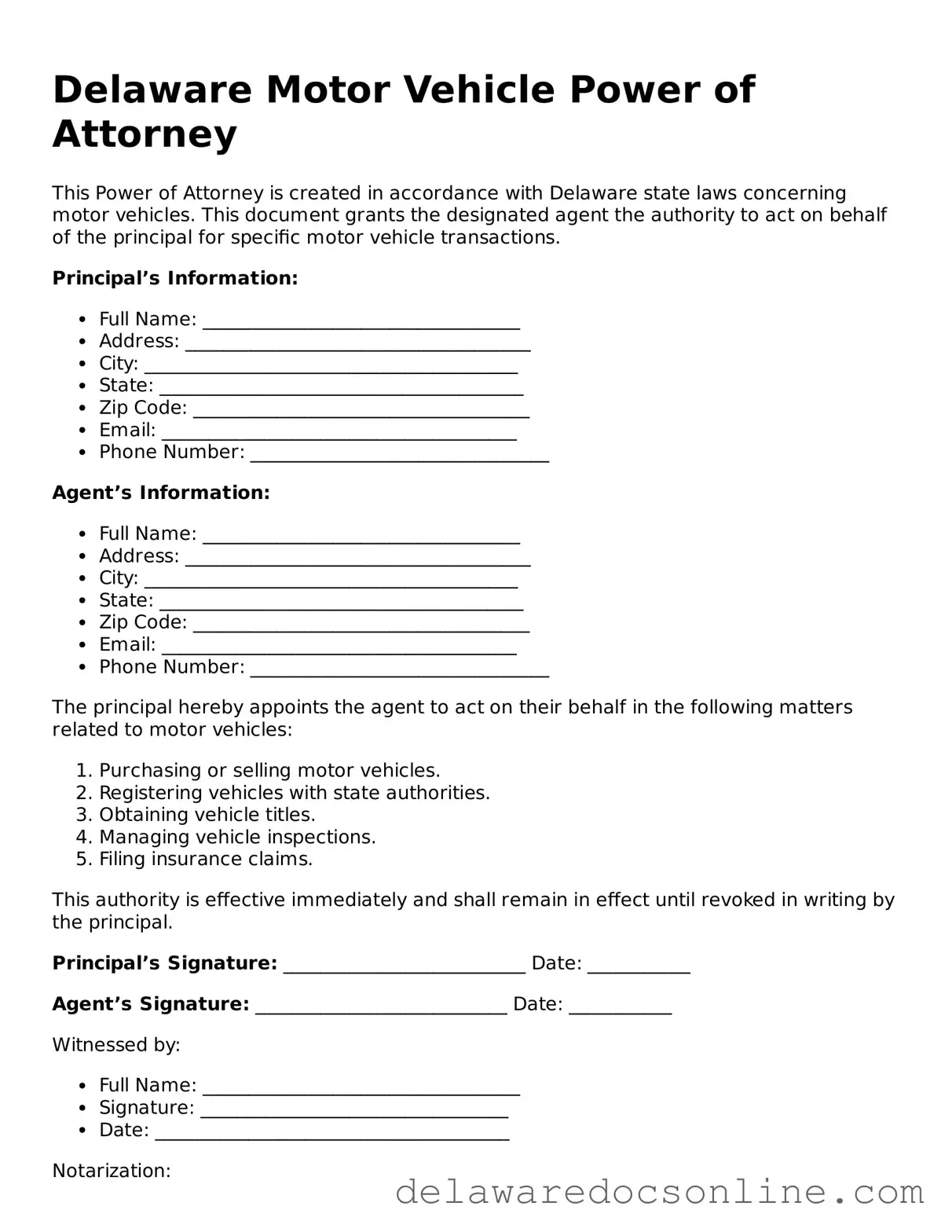 Attorney-Verified  Motor Vehicle Power of Attorney Document for Delaware