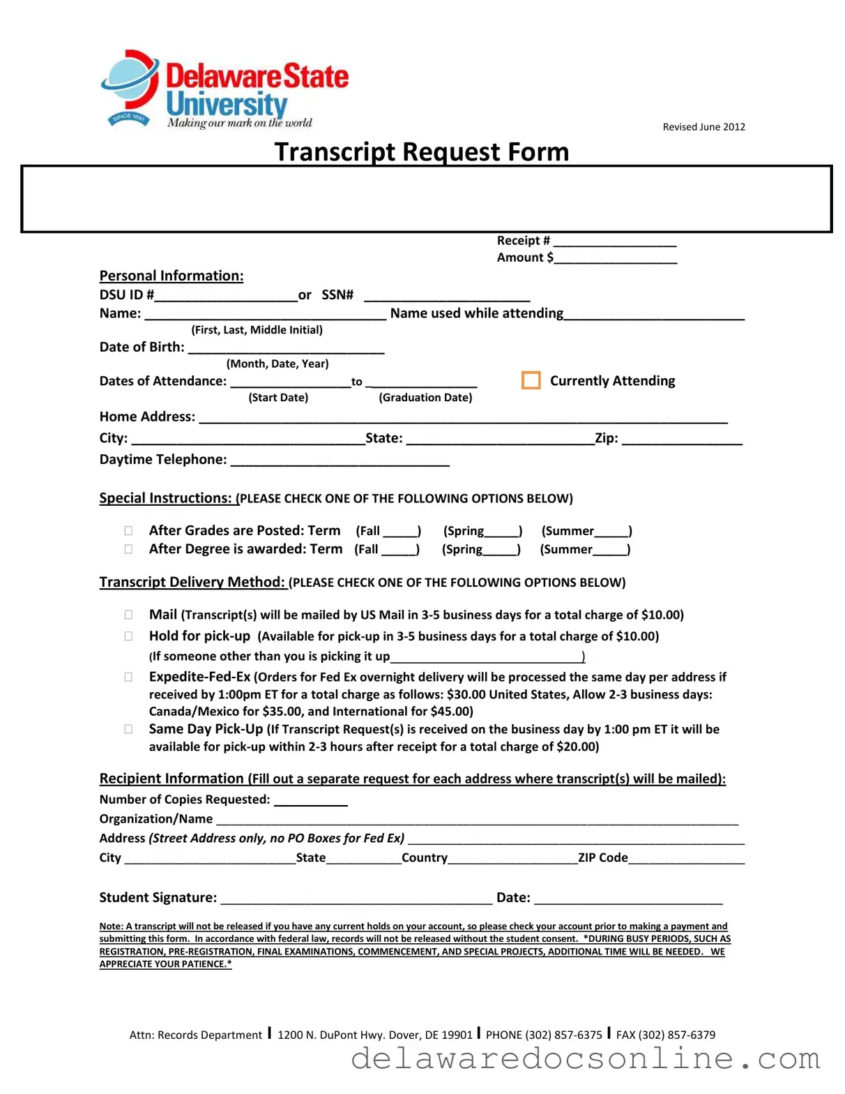 Fill Out Your Delaware Transcript Request Form