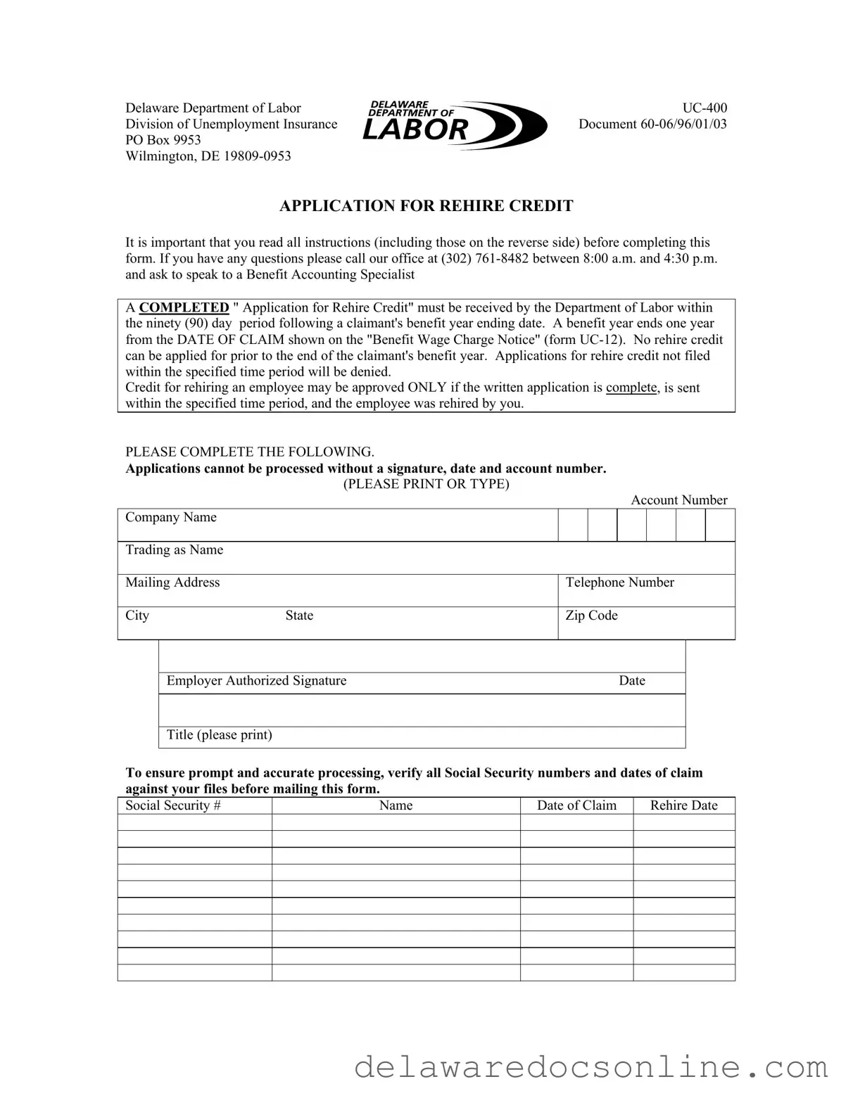 Fill Out Your Delaware Uc 400 Form