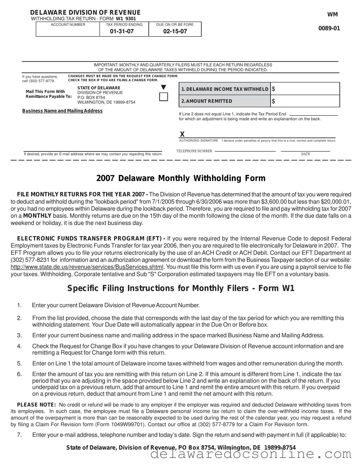 Fill Out Your Delaware W1 9301 Form